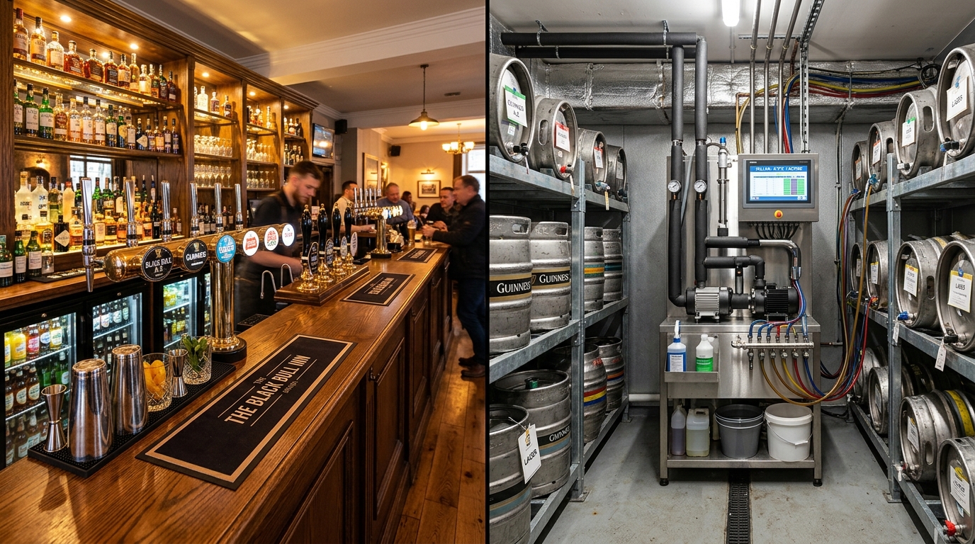 Split composition showing a beautiful bar with brass tap handles and illuminated back-bar spirits, alongside a clean organized cellar with beer kegs, cooling equipment, and temperature monitoring