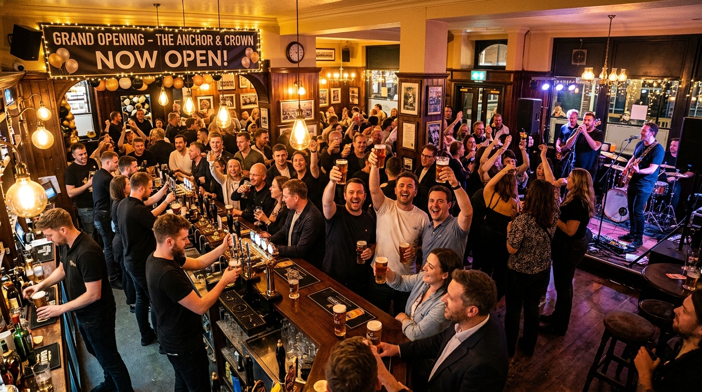 Flat-lay of a complete pub brand package including brand guidelines, branded pint glass, bar runner, beer mats, menu, loyalty card, branded apron, pub quiz sheet, and A-frame sign