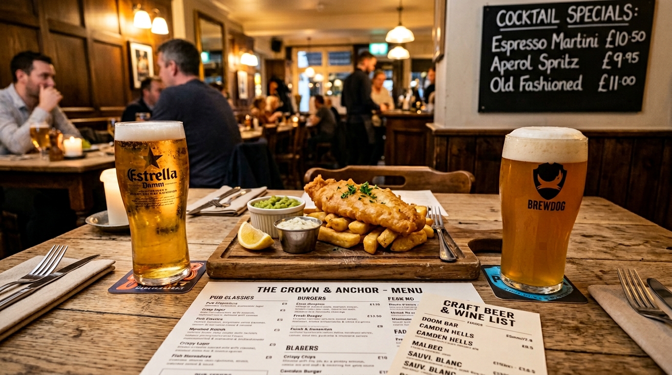 Pub table scene with a pint of craft ale and lager side by side, gastropub dish on a wooden board, printed menu, beer menu card, wine list, and cocktail specials board