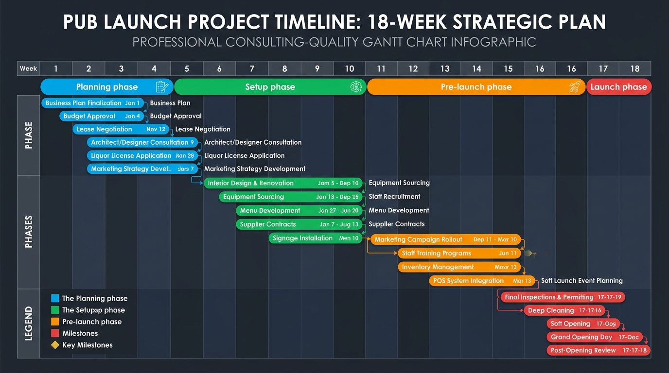 18-week pub and bar opening timeline showing Plan, Build, Prepare, and Launch phases