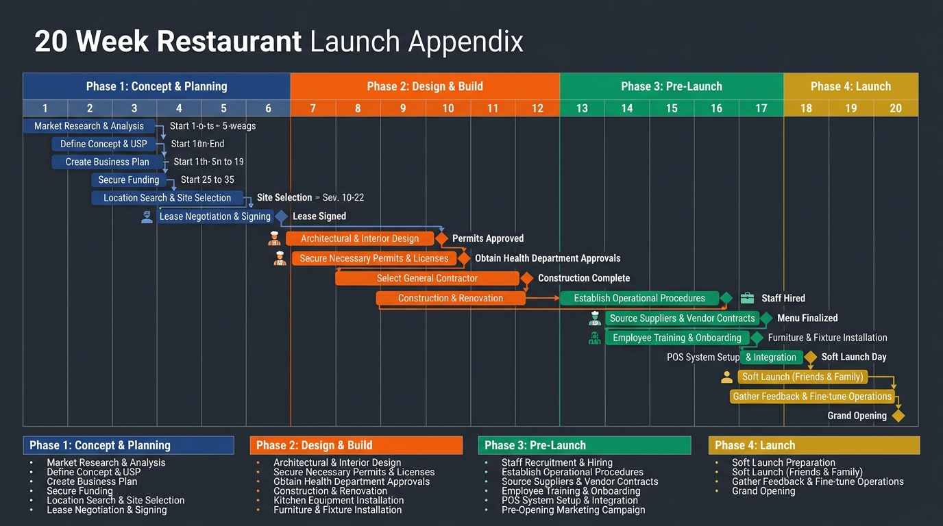 Detailed Gantt chart showing all 12 chapters mapped across 20 weeks with color-coded phases