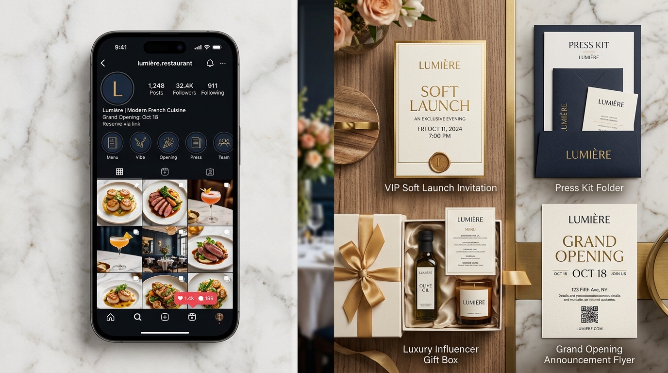 Split image showing restaurant Instagram on phone with food photography and physical VIP soft launch invitation, press kit, influencer gift box, and grand opening flyer
