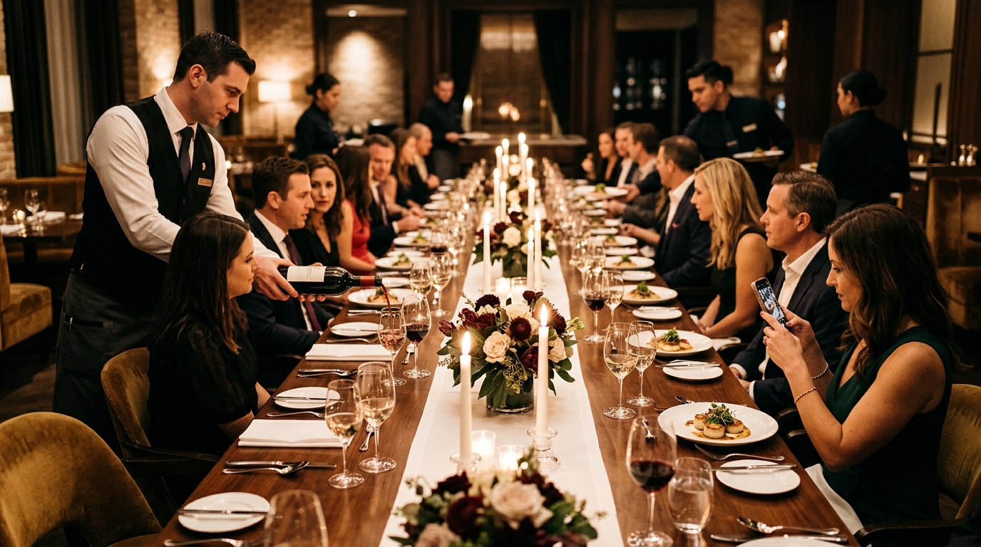 Elegant soft launch dinner with long table of 15-20 guests, beautifully set with wine, candles, and plates being served by waiters in a candlelit setting