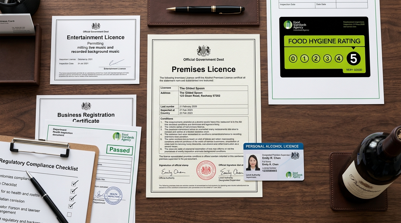 Professional desk with alcohol premises licence, personal licence card, certificates, wine bottle, and legal documents