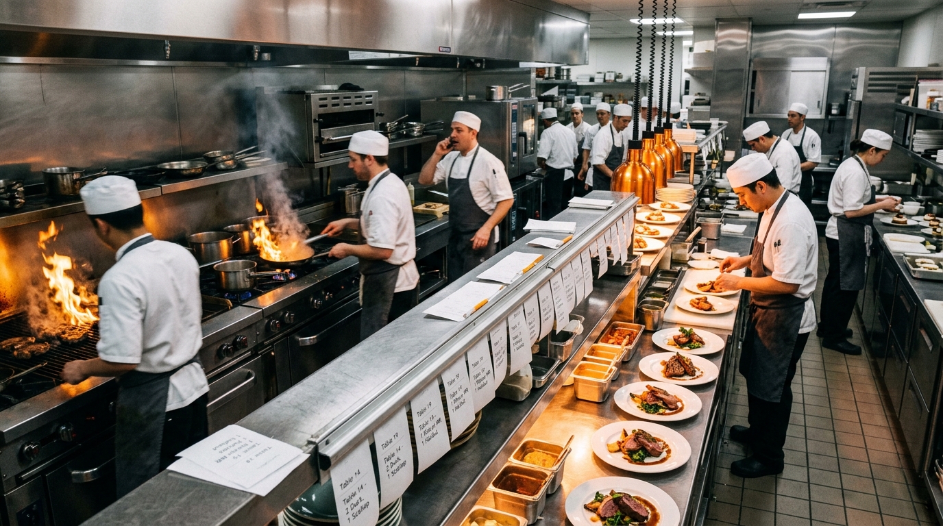 Professional commercial kitchen with stainless steel stations, heat lamp pass, chefs working at grill, sauté, and prep stations