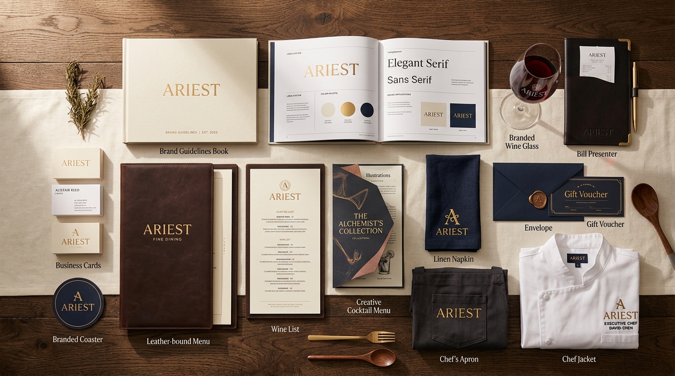 Complete restaurant brand package flat-lay with brand guidelines, leather-bound menu, wine list, branded wine glass, bill presenter, coaster, napkin, business card, gift voucher, and staff apron
