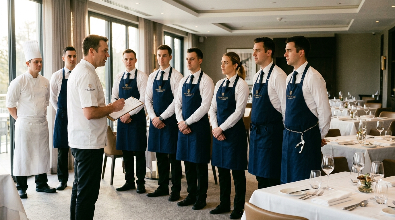 Pre-service briefing with restaurant manager addressing lined-up staff — waiters in aprons, sommelier with wine key, chefs in whites