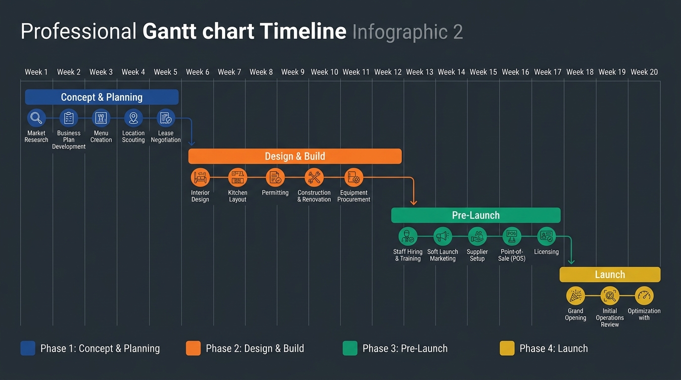20-week restaurant opening timeline showing Plan, Build, Prepare, and Launch phases
