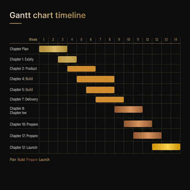 Detailed Gantt chart showing all 12 chapters mapped across 14 weeks with color-coded phases