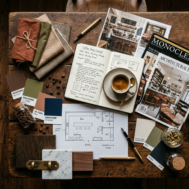 Coffee shop concept mood board with fabric swatches, color cards, design clippings, and espresso