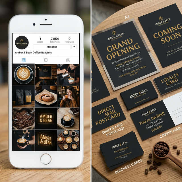 Split view of a coffee shop Instagram grid on phone and physical marketing materials including flyers and loyalty cards