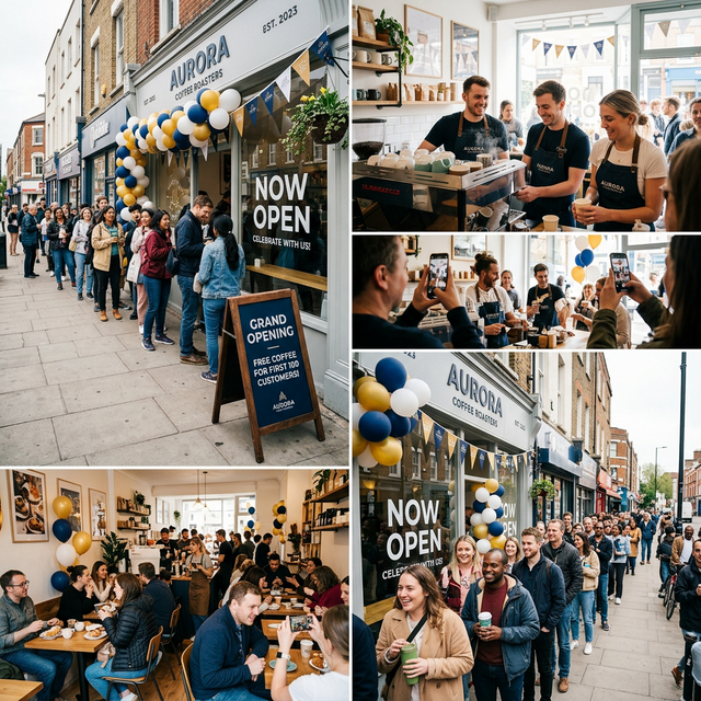 Grand opening day at a vibrant coffee shop with a queue of customers, bunting, and a NOW OPEN sign