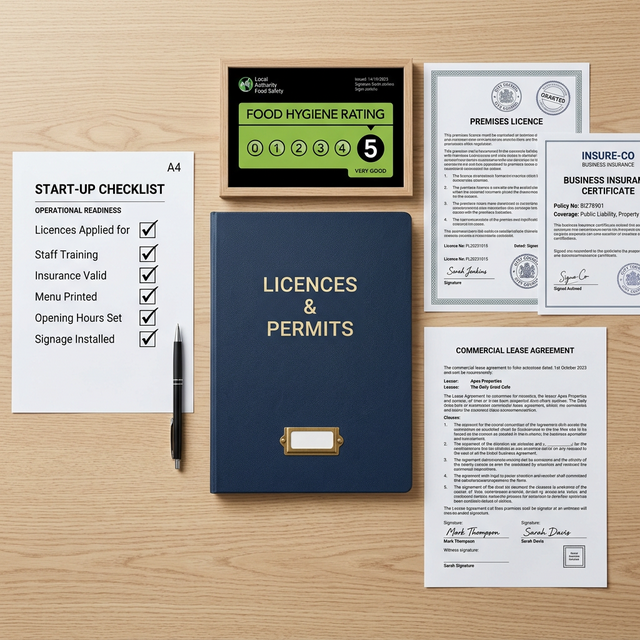 Official documents, food hygiene certificate, insurance documents, and licensing paperwork on a desk
