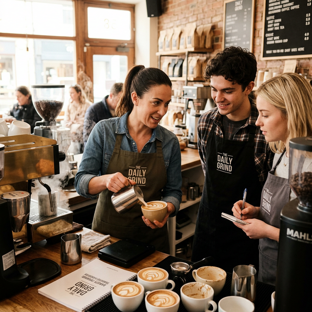 Head barista demonstrating latte art to trainees in a professional coffee shop training session