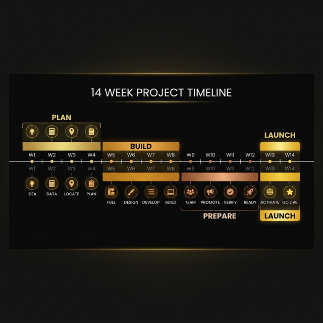 14-week coffee shop opening timeline showing Plan, Build, Prepare, and Launch phases