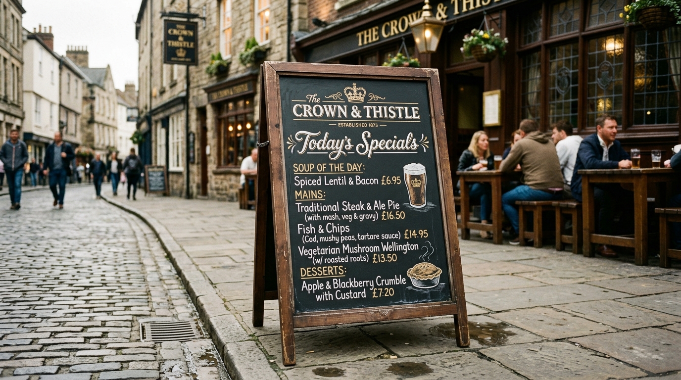 A-board pavement sign promoting today's specials and craft beer