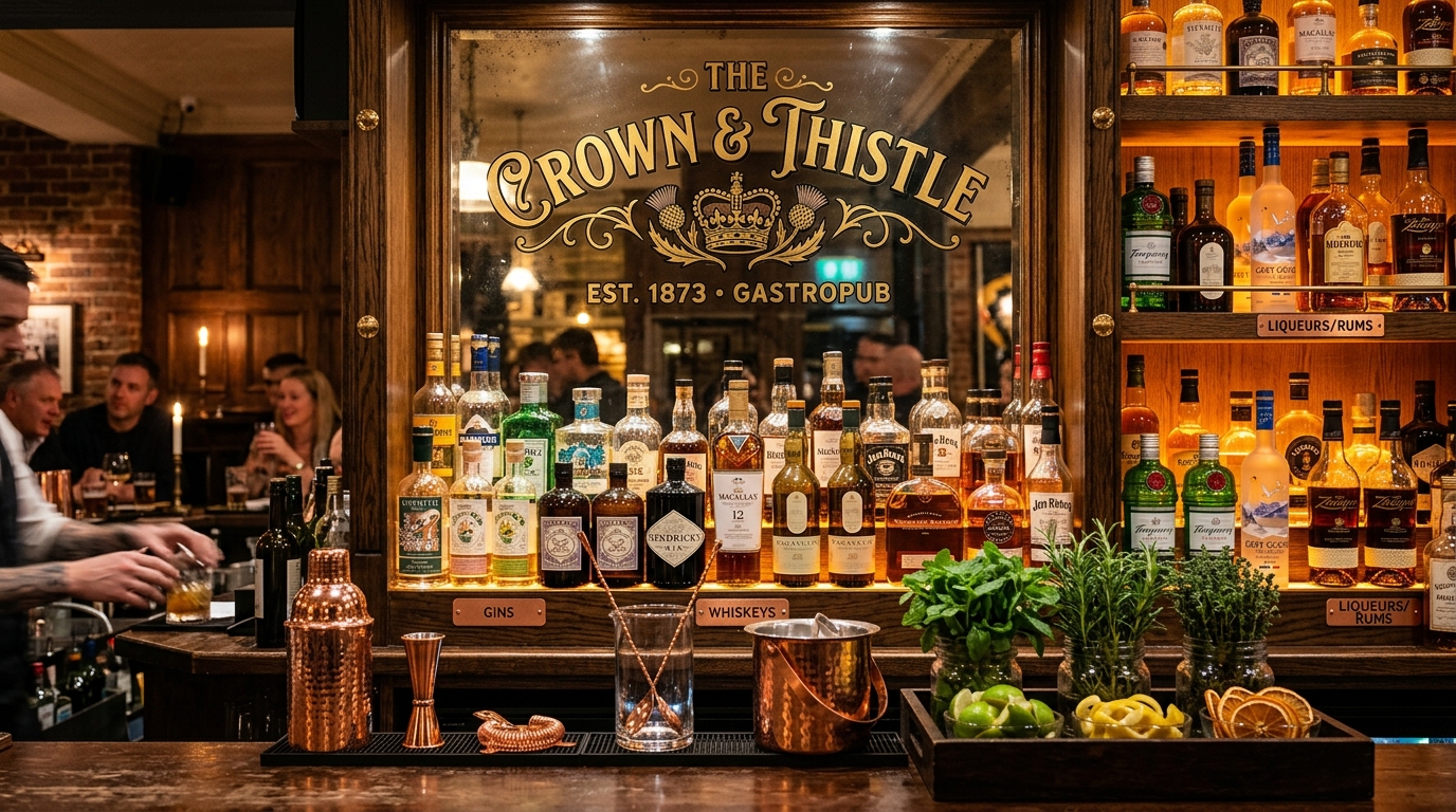 Back bar design with spirits display, branded shelving, and feature lighting