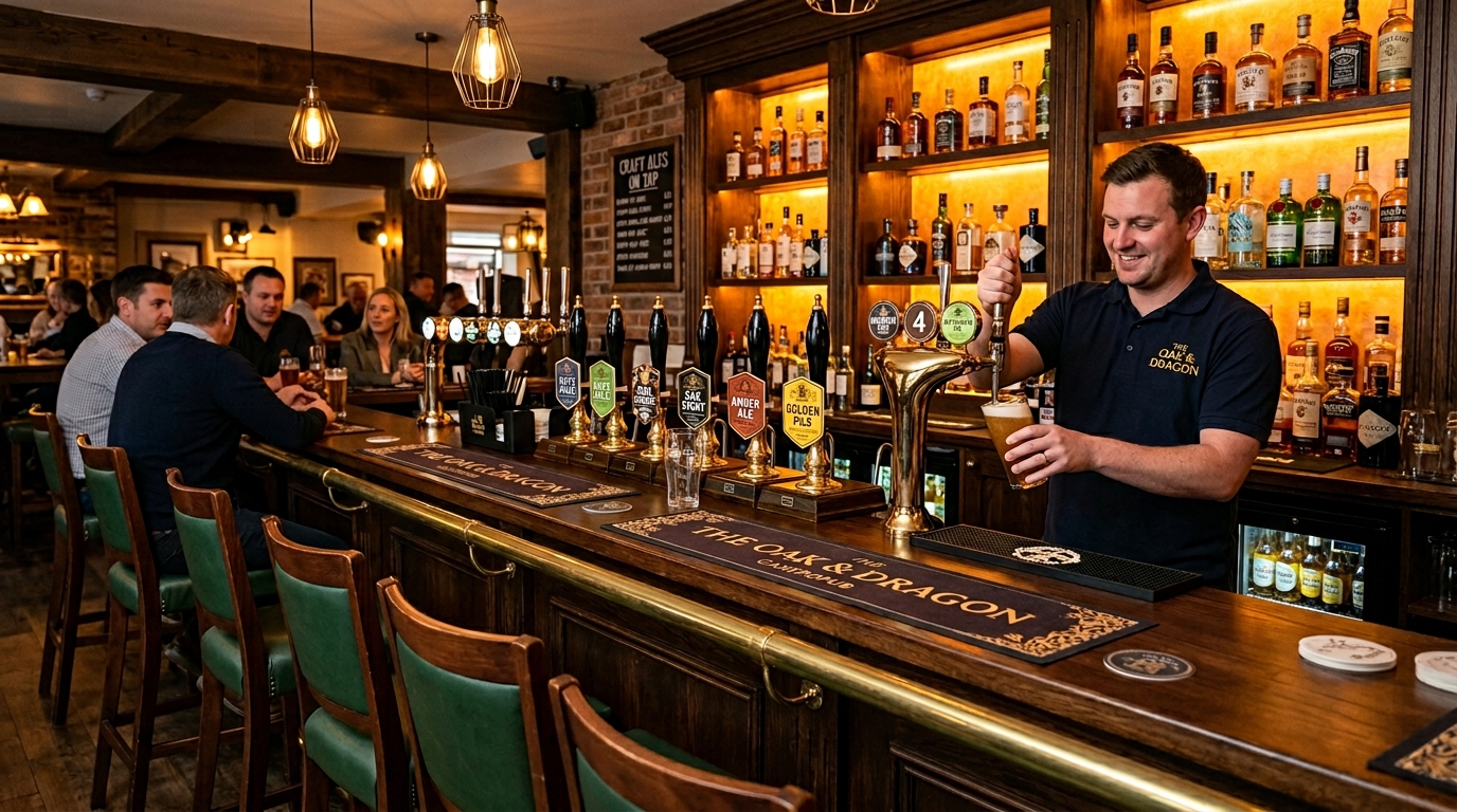 Main bar area concept with timber counter, brass fixtures, and heritage tile