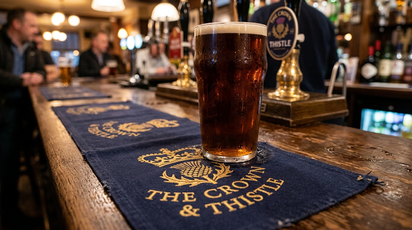 Branded bar runner mat with Crown & Thistle emblem
