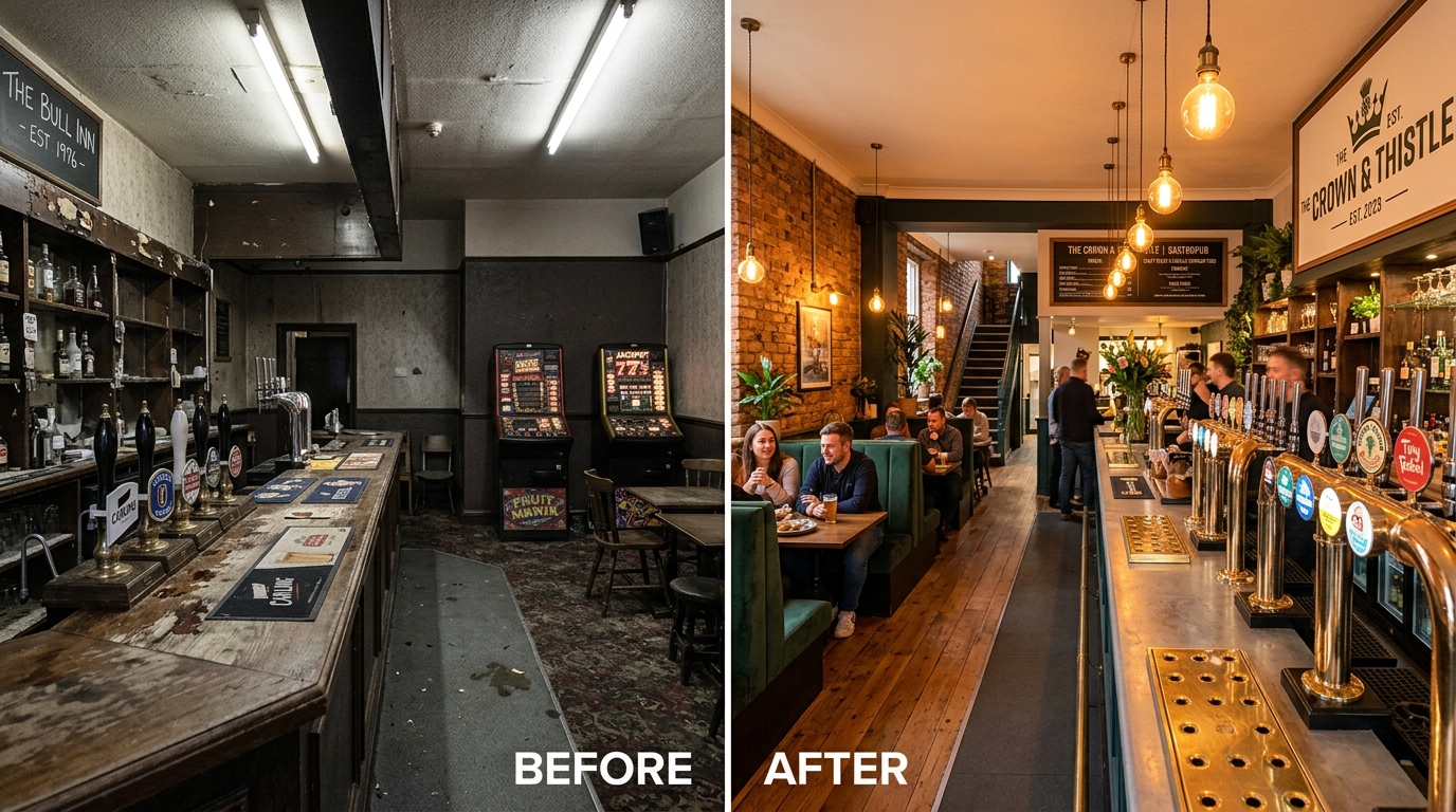 Before and after exterior transformation concept — tired local to striking gastropub