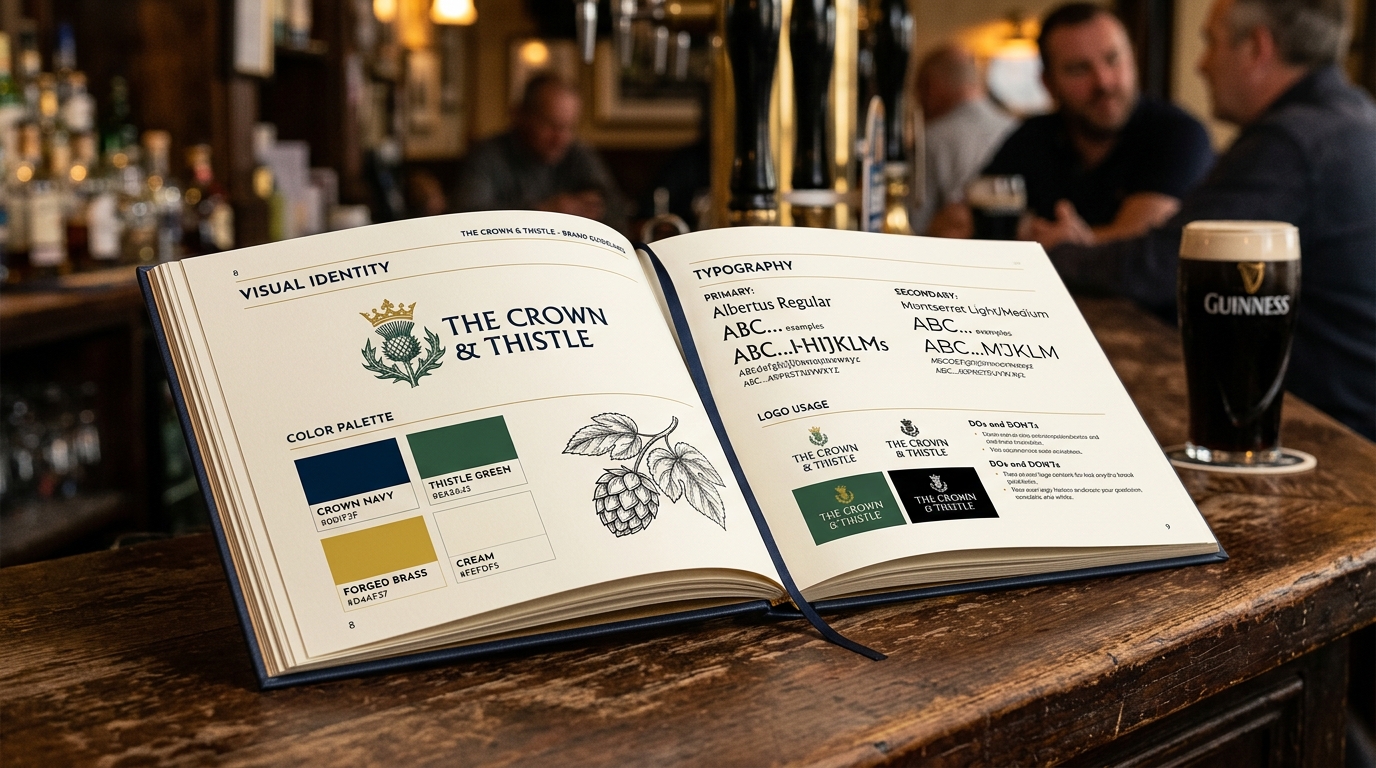 Brand guidelines book spread showing typography, logo usage, and colour specifications