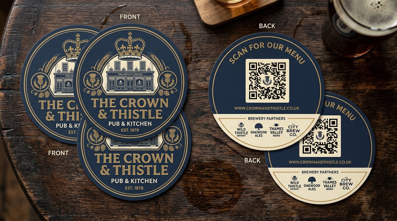 Branded coasters — front with logo, back with craft beer trivia