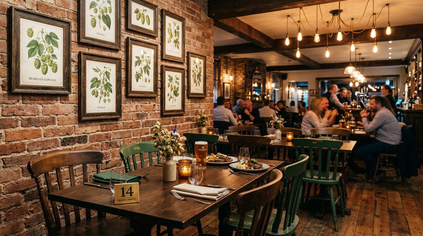 Dining area with exposed brick, leather banquettes, and pendant lighting