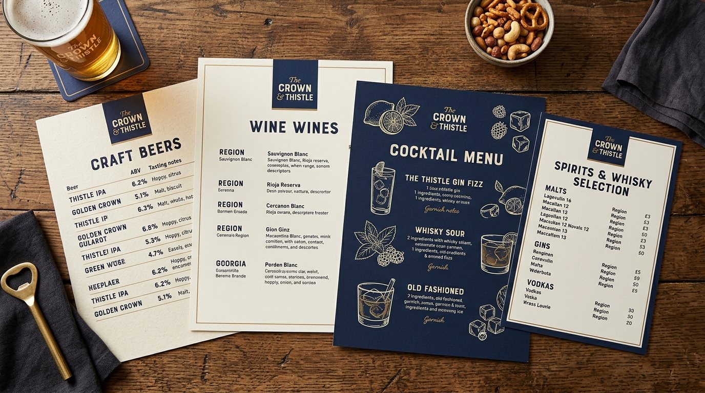 Drinks menu — craft beer list, wine list, cocktails, spirits