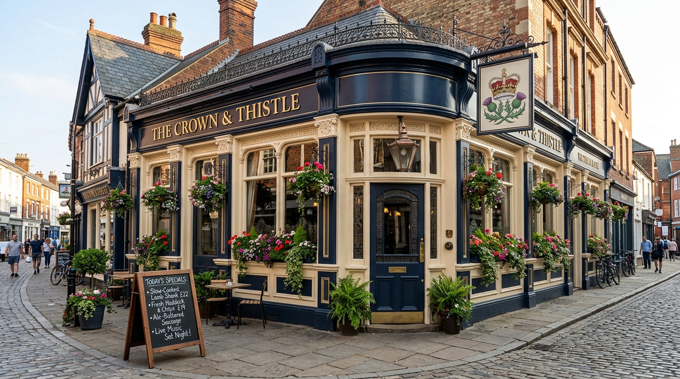 Full exterior view of The Crown & Thistle in daylight