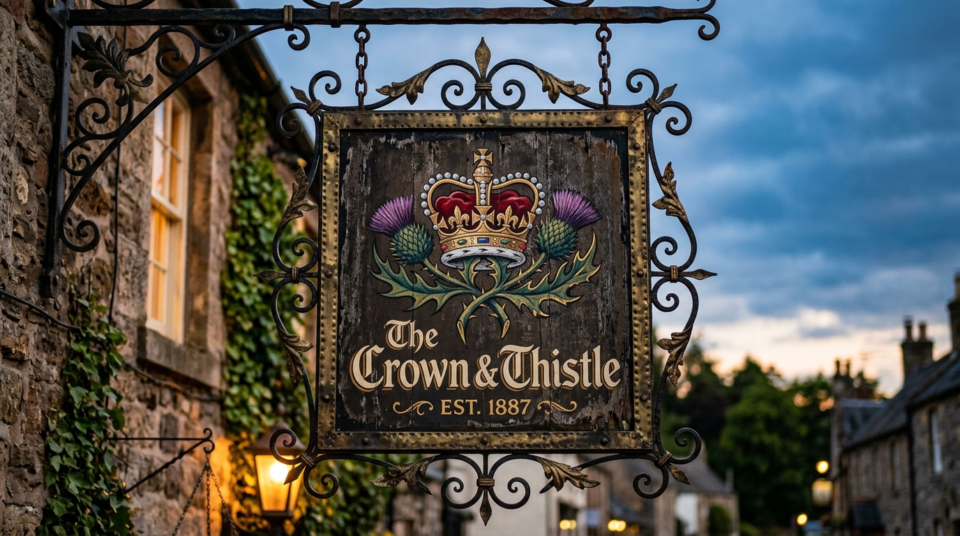 Traditional hanging pub sign with illuminated Crown & Thistle emblem