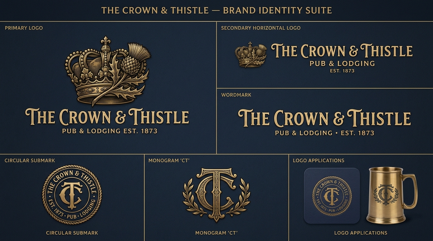 The Crown & Thistle logo suite — primary, secondary, icon mark, and reversed versions