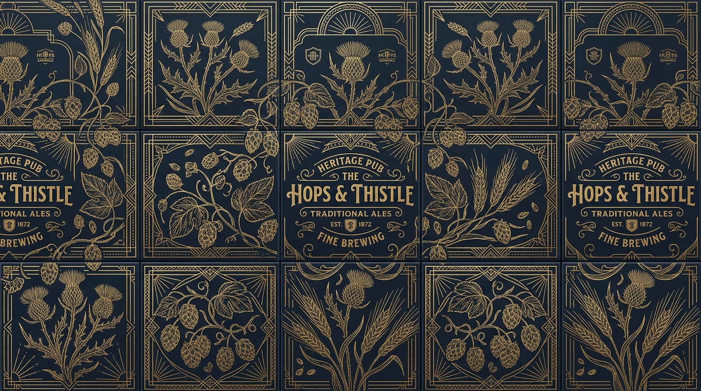 Pattern and texture library — thistle motif, herringbone, hop vine repeat pattern