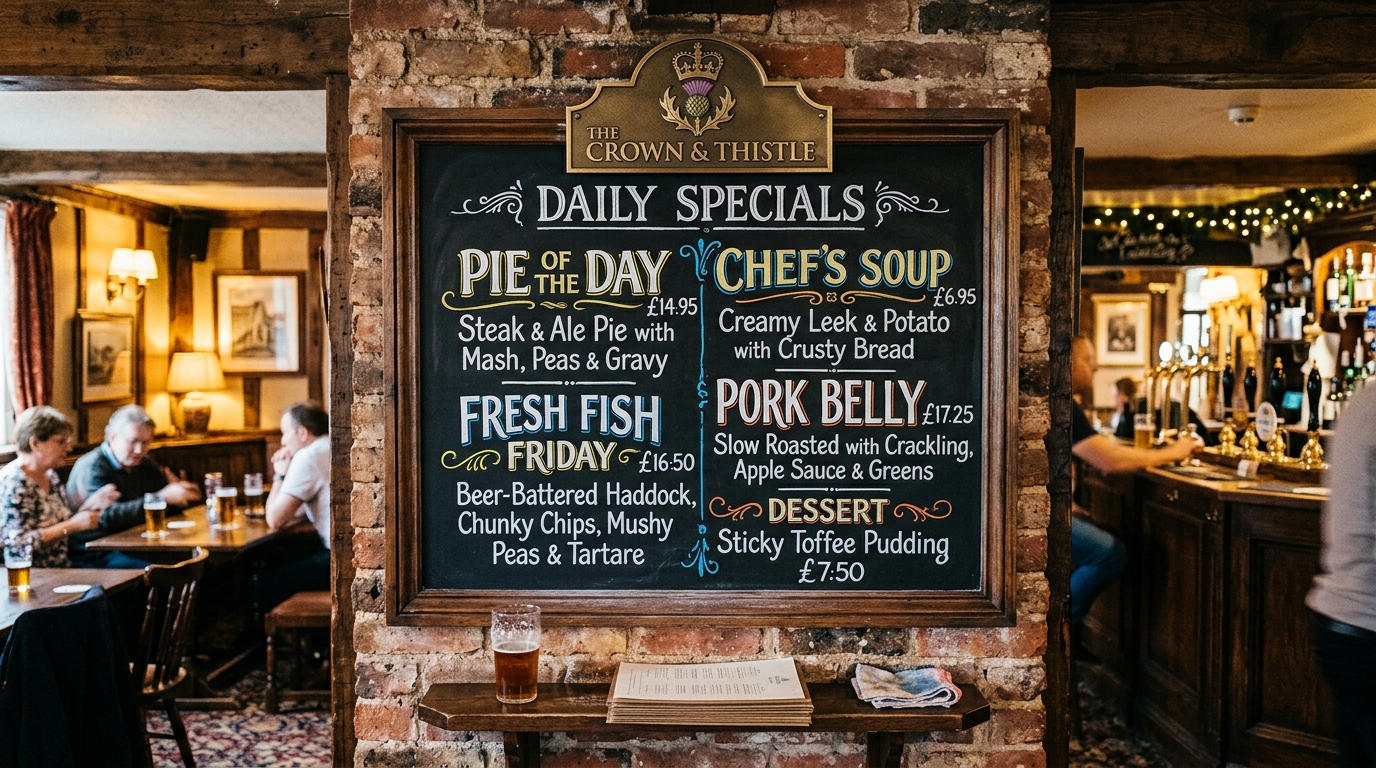 Chalkboard specials board with daily features and guest ales