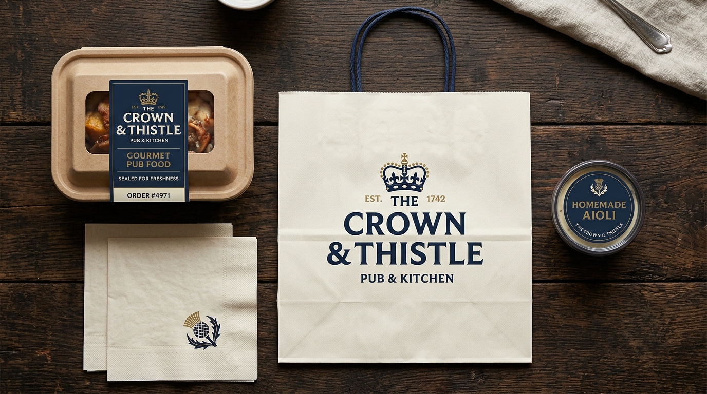 Branded takeaway containers, paper bags, and packaging suite