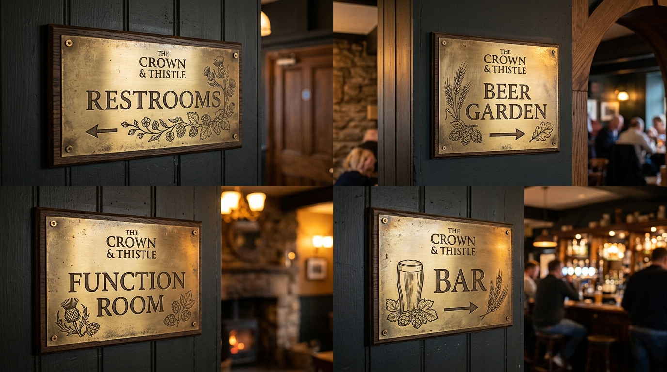 Interior wayfinding signage — restrooms, beer garden, function room