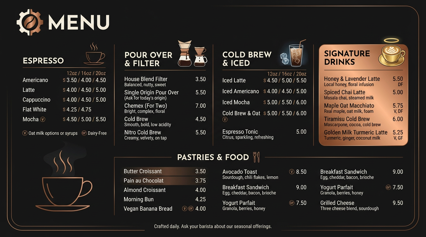 Large format wall-mounted menu board behind counter