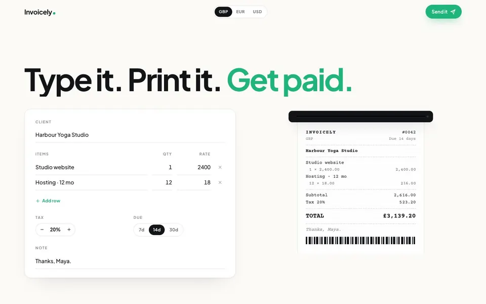 Invoicely concept website, homepage