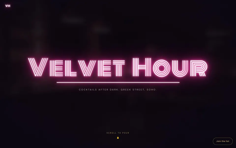 Velvet Hour concept website, homepage